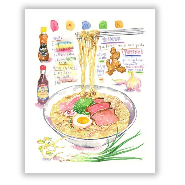 Ramen print, Kitchen wall art, Asian food poster, Japanese noodle recipe illustration, Watercolor painting, Travel artwork, Restaurant decor