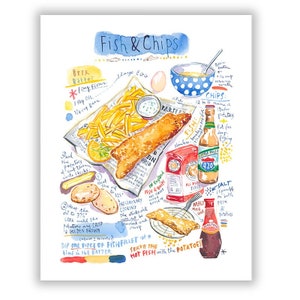 Fish and Chips recipe print, Watercolor painting, UK cooking poster, English fried fish artwork, British kitchen wall art, London cuisine