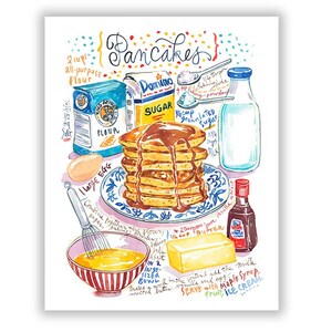 Pancake recipe illustration poster, Kitchen wall art, Foodie gift, Breakfast print, Watercolor kitchen poster, 5X7 bakery painting print
