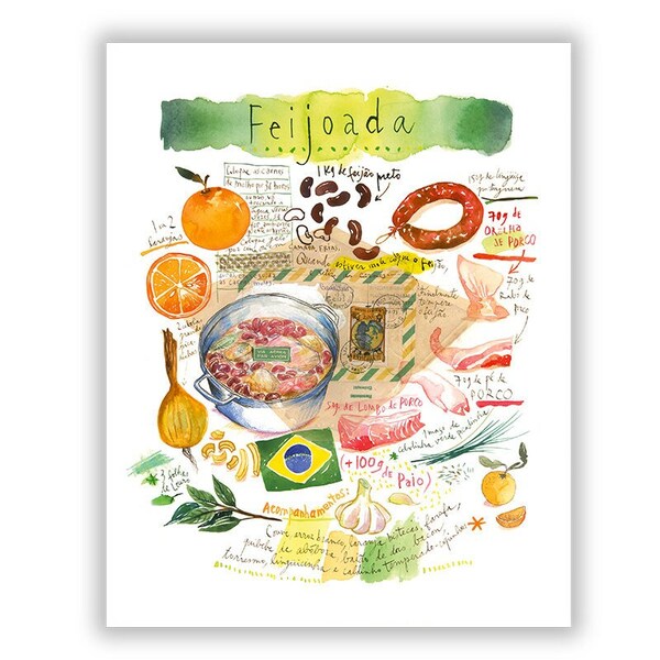 La feijoada, Illustration Recette brésilienne, Décor cuisine, Cuisine du Brésil, Amérique du Sud, Art culinaire, Dessin Recette en portugais
