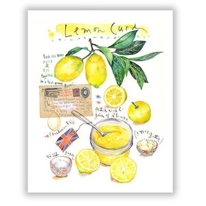 Lemon curd recipe art print, Kitchen art, Watercolor lemon painting, English food illustration poster, Bristish recipe print, Kitchen decor