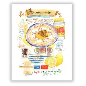 Israeli Hummus recipe print, Kitchen wall art, Watercolor food poster, Mediterranean cuisine artwork, Restaurant decor, Chickpea painting