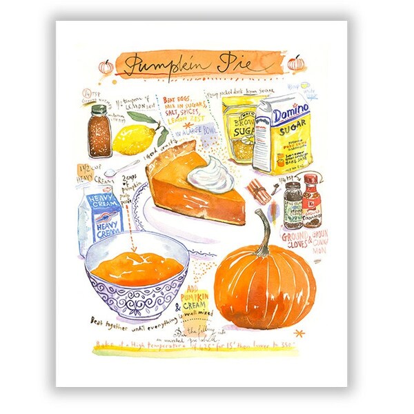 La tarte au potiron, Recette illustrée dessert américain, Aquarelle, Affiche cuisine d'Automne, Cadeau art culinaire, Poster citrouille