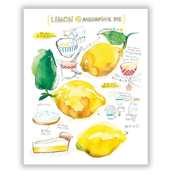 Lemon Meringue Pie recipe print, Watercolor painting, Yellow kitchen decor, French pastry art, Dessert food poster, Bakery wall art, Cake