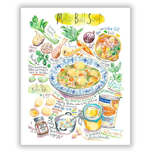 Soupe de poulet et boulettes de Matzo, Recette illustrée aquarelle, Poster "Pénicilline juive", Décoration murale, Affiche cuisine ashkénaze