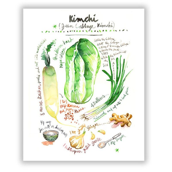 Korean kimchi recipe poster, Green kitchen art, Korea food print, Asian cabbage artwork, Watercolor painting, Korean restaurant wall decor