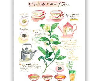 The perfect cup of tea poster, Watercolor painting, Tea brewing wall art, Kitchen wall hanging, Best friend gift, Pastel home decor Pink art