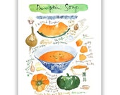 Pumpkin soup recipe print, Illustrated recipe poster, Watercolor soup print, Orange vegetable vegan print, Winter kitchen decor, Food art