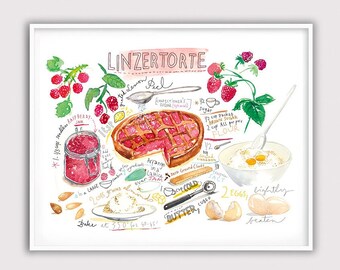 Austrian Linzer Torte recipe print, Kitchen wall art, Watercolor painting, Austria bakery poster, European restaurant decor, Pie artwork