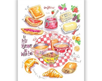 French Breakfast poster, Watercolor painting, France travel souvenir print, European kitchen art, French food wall hanging, Croissant, 8X10