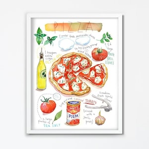 Neapolitan Pizza print, Italy food poster, Recipe artwork, Watercolor painting, Italian kitchen decor, European cuisine, Colorful wall art