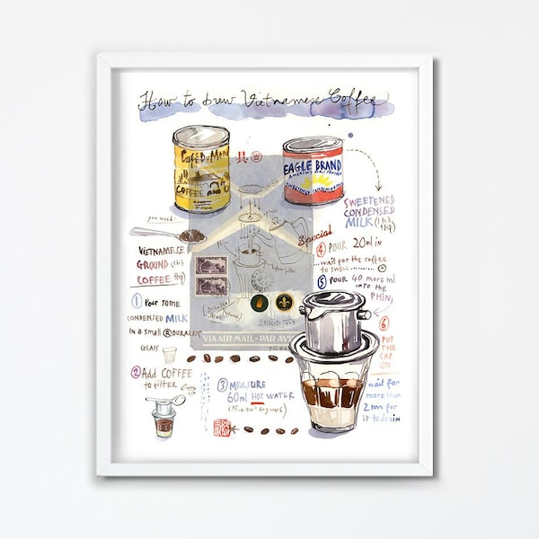 Ca Phe Sua Da print, Vietnamese coffee poster, Watercolor painting, Vietnam kitchen decor, Drink in Hanoi, Asian wall hanging, Coffee gift