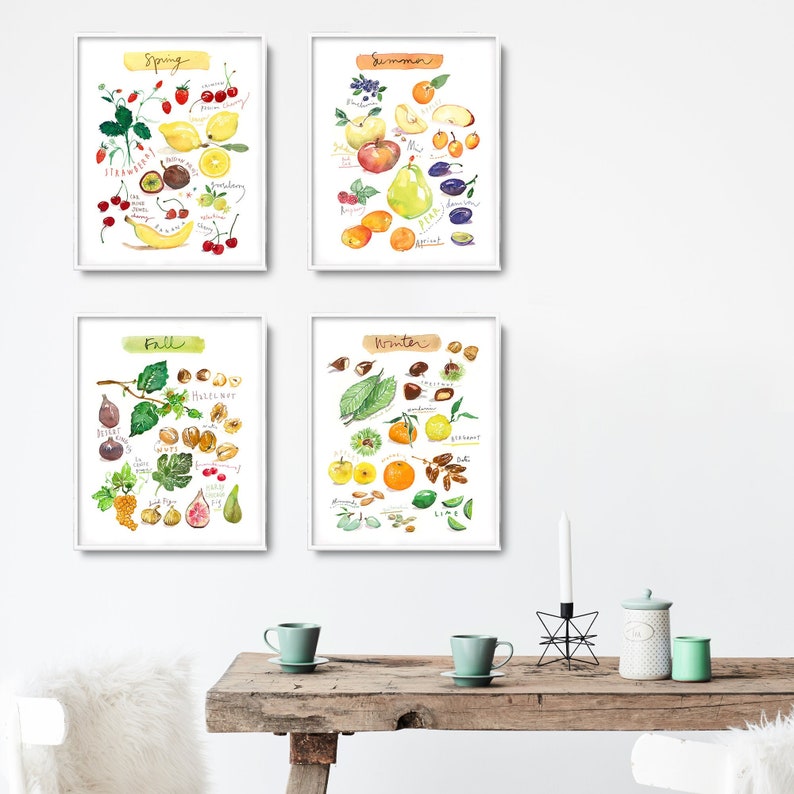 Set of 4 fruit prints, Seasonal food poster, Watercolor painting