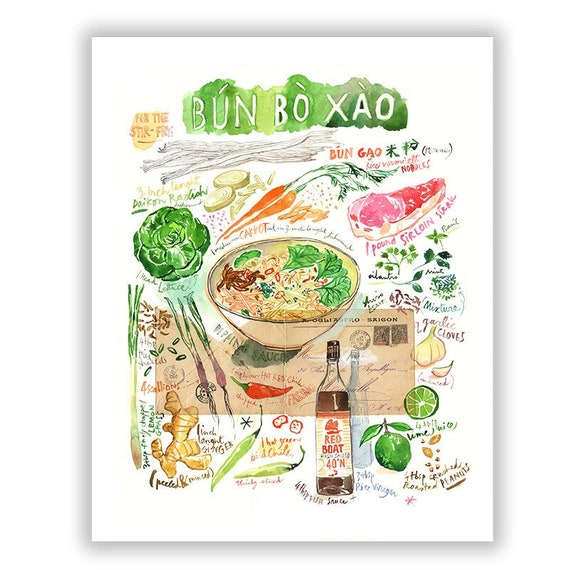 Bo Bun, recette vietnamienne, Aquarelle, Illustration, Cuisine