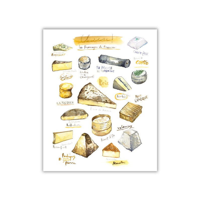Cheese varieties Kitchen art print Watercolor gift for