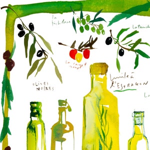 Olive oil watercolor print, Provence France painting, French kitchen poster, Food artwork, Yellow kitchen wall art, European illustration image 3
