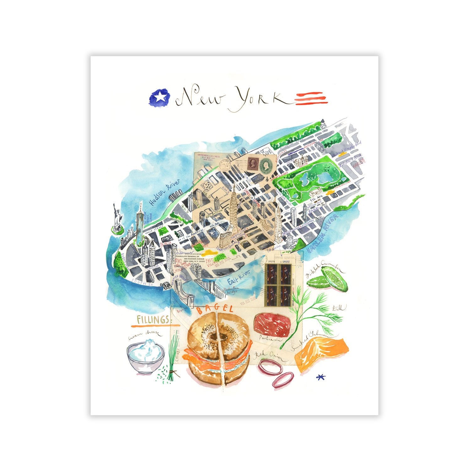 Carte de New York Carte illustrée Aquarelle de New York | Etsy