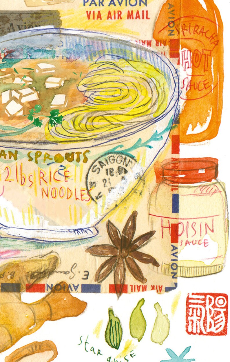 Vegan pho print Watercolor painting Vegan print Vegetarian Etsy