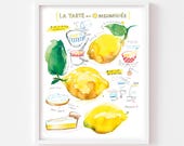 Lemon Meringue Pie recipe fine art print, Watercolor painting, Yellow kitchen wall art, French pastry, Bakery decor, Fruit cake dessert