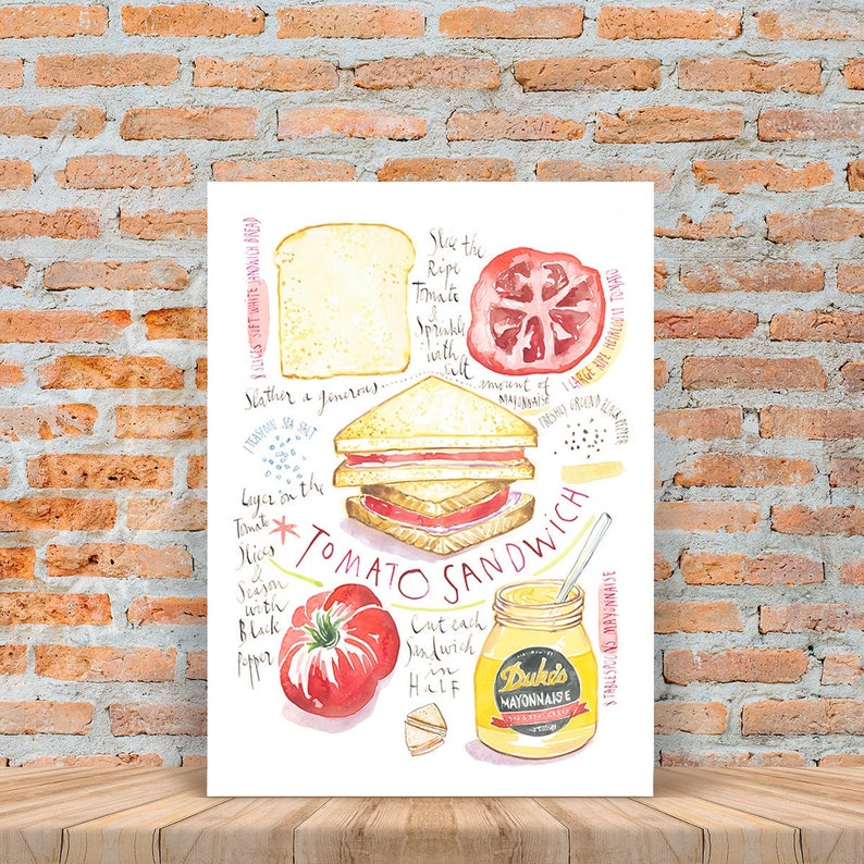 Tomato Sandwich recipe print, Southern food poster, Red kitchen wall art, North Carolina cuisine poster, Watercolor chef gift, Kitchen decor Bild 6
