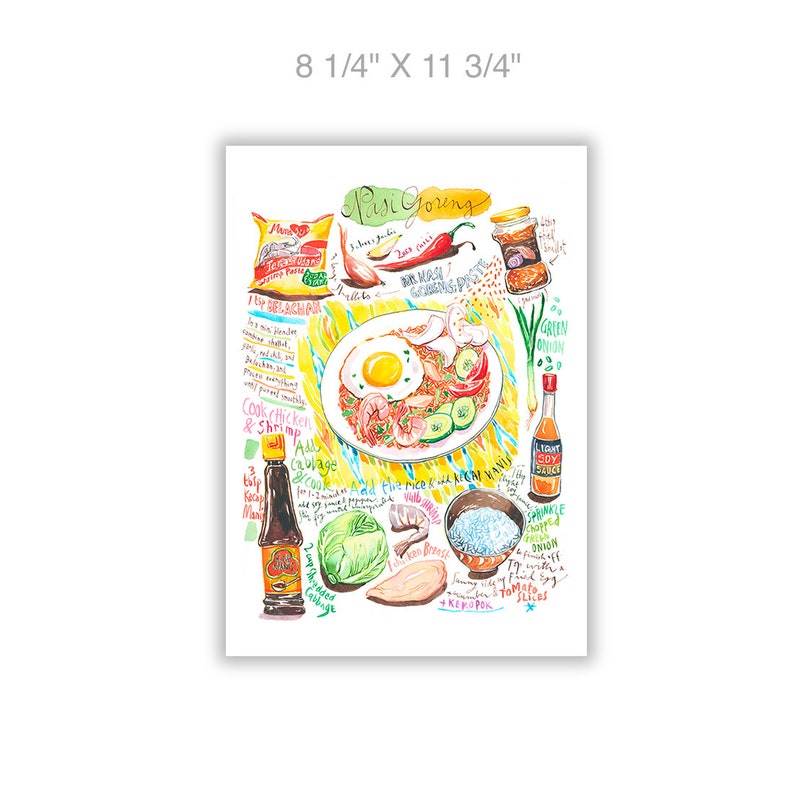 Indonesian Nasi Goreng recipe print, Watercolor painting, Street food art, Asian kitchen decor, Bali national dish poster, Indonesia cooking image 6