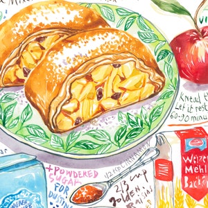 German Apple Strudel recipe illustration print, Watercolor painting, Austrian cuisine poster, Colorful pastry art, European kitchen decor image 4