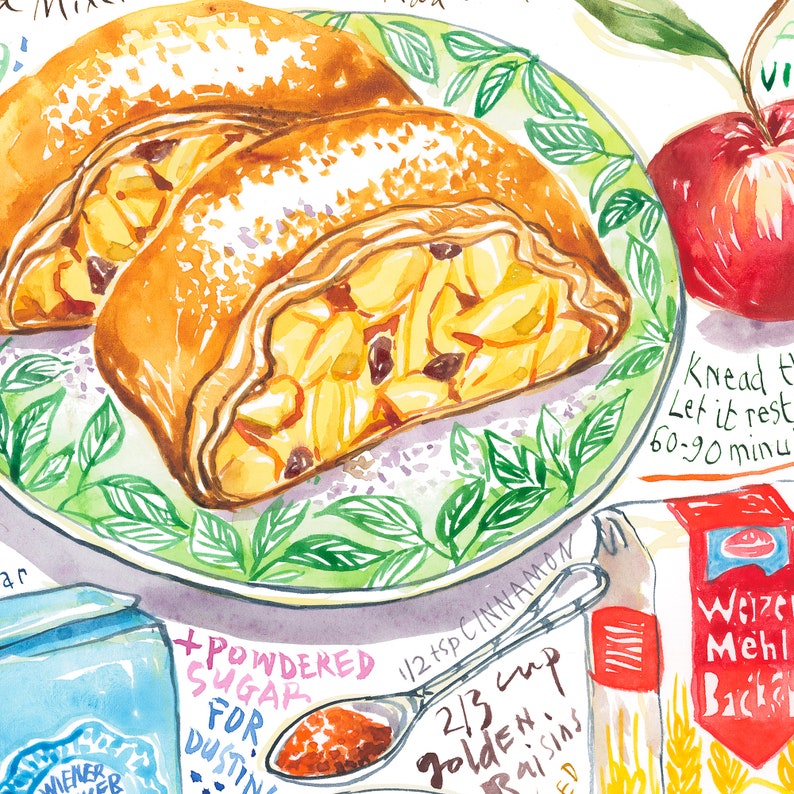 German Apple Strudel recipe illustration print, Watercolor painting, Austrian cuisine poster, Colorful pastry art, European kitchen decor image 4