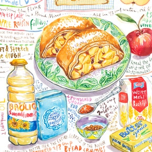 German Apple Strudel recipe illustration print, Watercolor painting, Austrian cuisine poster, Colorful pastry art, European kitchen decor image 2