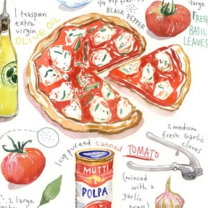 Pizza, Recette illustrée, Aquarelle, décoration cuisine, affiche cuisine, art culinaire, Cuisine italienne, décor cuisine, Lucileskitchen image 4