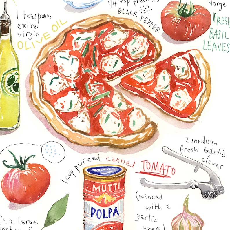 Neapolitan Pizza print, Italy food poster, Recipe artwork, Watercolor painting, Italian kitchen decor, European cuisine, Colorful wall art image 4