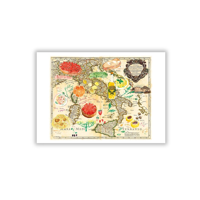 Italy food map poster, Watercolor illustrated map print, Italian kitchen wall art, European cuisine painting, Dining room decor, Italy gift image 7
