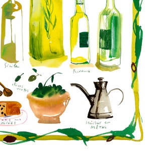Olive oil watercolor print, Provence France painting, French kitchen poster, Food artwork, Yellow kitchen wall art, European illustration image 2