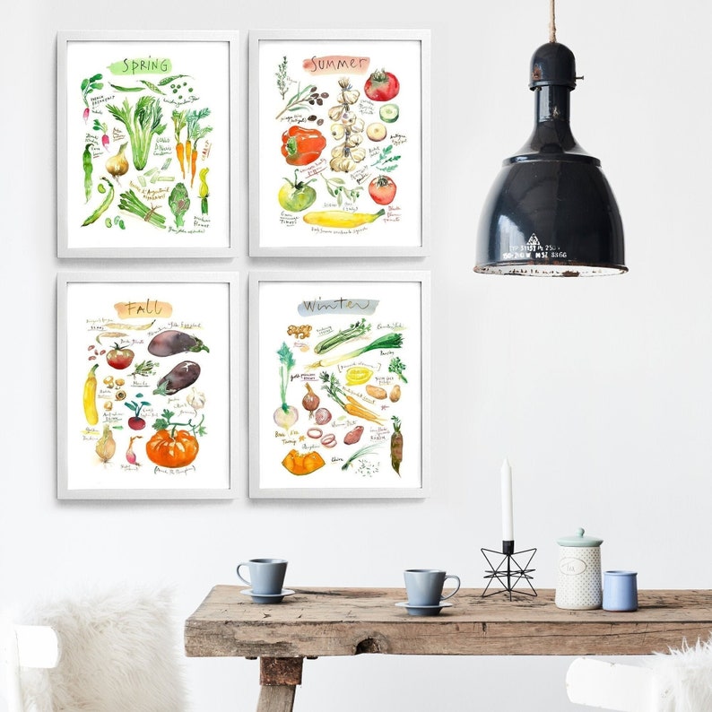 Seasonal vegetable set of four prints, Kitchen wall art, Veggie watercolor painting, Produce posters, Garden lover gift, Eating seasonally image 8