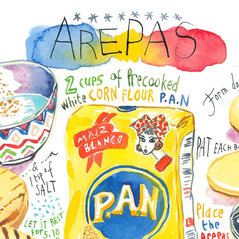 Arepas Recipe Fine Art Print: Venezuelan Kitchen Decor, Watercolor South American Food Poster image 2