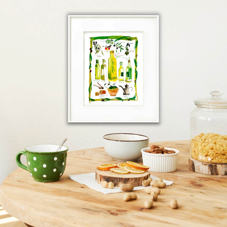 Olive oil watercolor print, Provence France painting, French kitchen poster, Food artwork, Yellow kitchen wall art, European illustration image 5