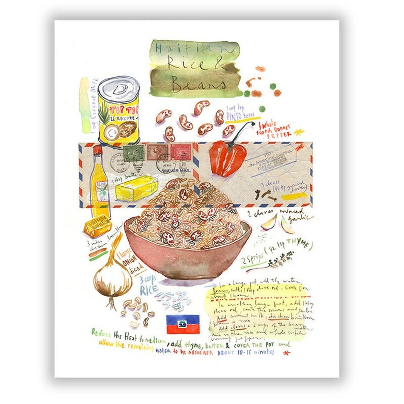 Haitian Rice and Beans recipe print, Caribbean wall art, Watercolor painting, Kitchen art, Food poster, Cooking in Haiti, Haitian cuisine image 4