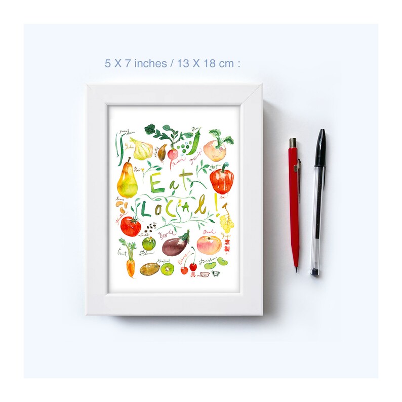 Eat Local kitchen art print, Vegetable Fruit poster, Colorful kitchen print, Green kitchen decor, Kitchen wall art, Watercolor quote poster image 7