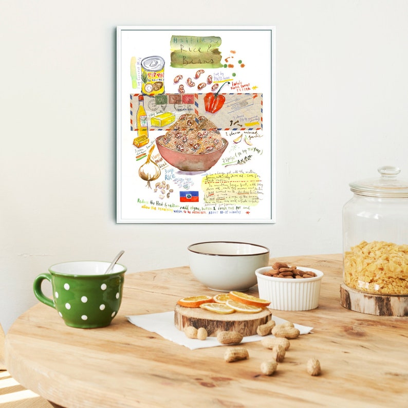 Haitian Rice and Beans recipe print, Caribbean wall art, Watercolor painting, Kitchen art, Food poster, Cooking in Haiti, Haitian cuisine image 1