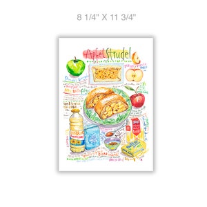 German Apple Strudel recipe illustration print, Watercolor painting, Austrian cuisine poster, Colorful pastry art, European kitchen decor image 6