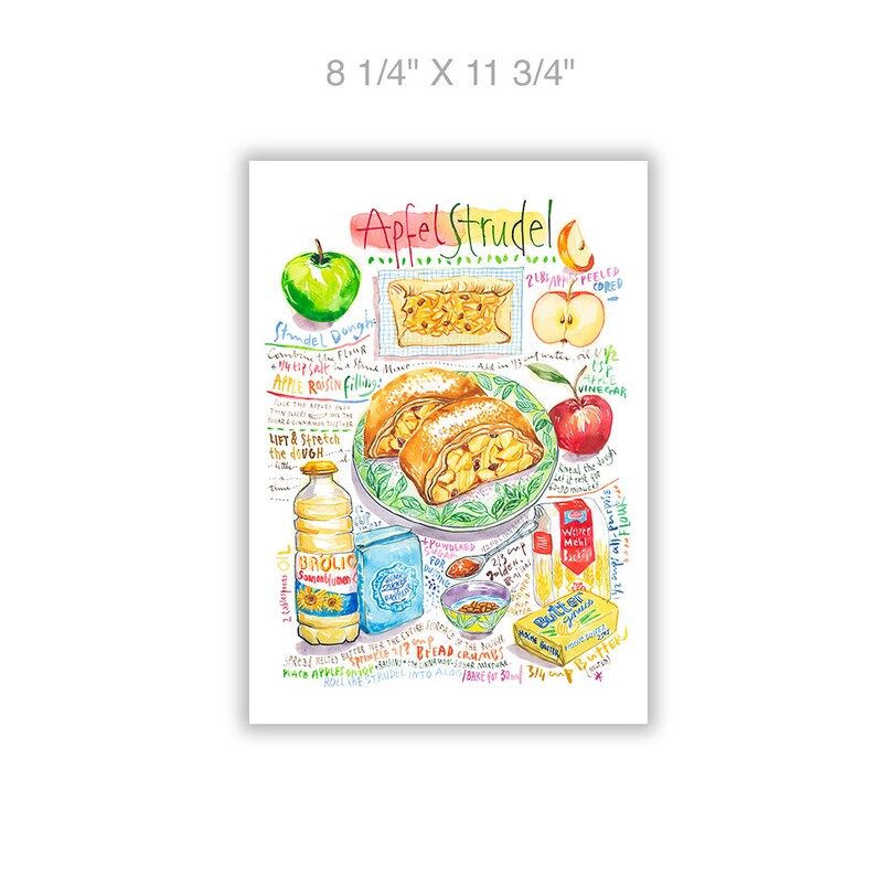German Apple Strudel recipe illustration print, Watercolor painting, Austrian cuisine poster, Colorful pastry art, European kitchen decor image 6