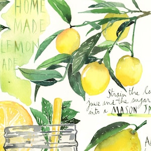 Lemonade recipe print, Yellow and green kitchen decor, Bright wall art, Lemon Watercolor painting, Drink artwork, Homemade summer soft drink image 2