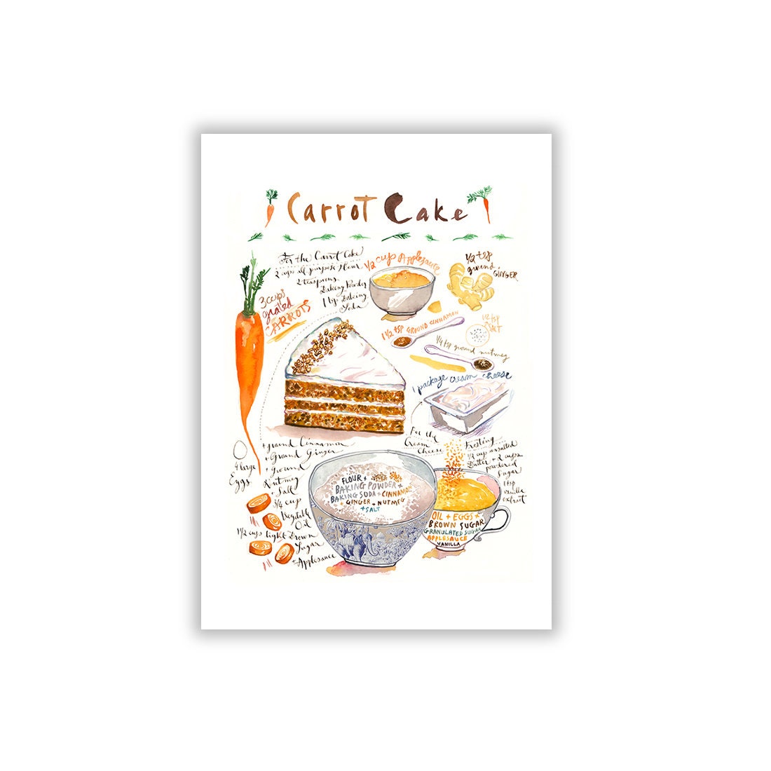 ORIGINAL Painting Dessert Illustration, Still Life, Watercolour Food Wall Art Carrot Cake 2 6x8