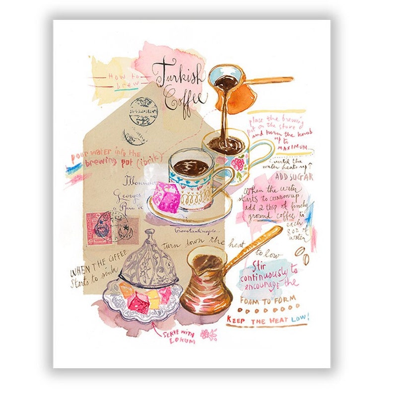 Turkish coffee recipe art print, Watercolor painting, Pink kitchen decor, Turkish wall art, Food illustration, Illustrated recipe poster image 1