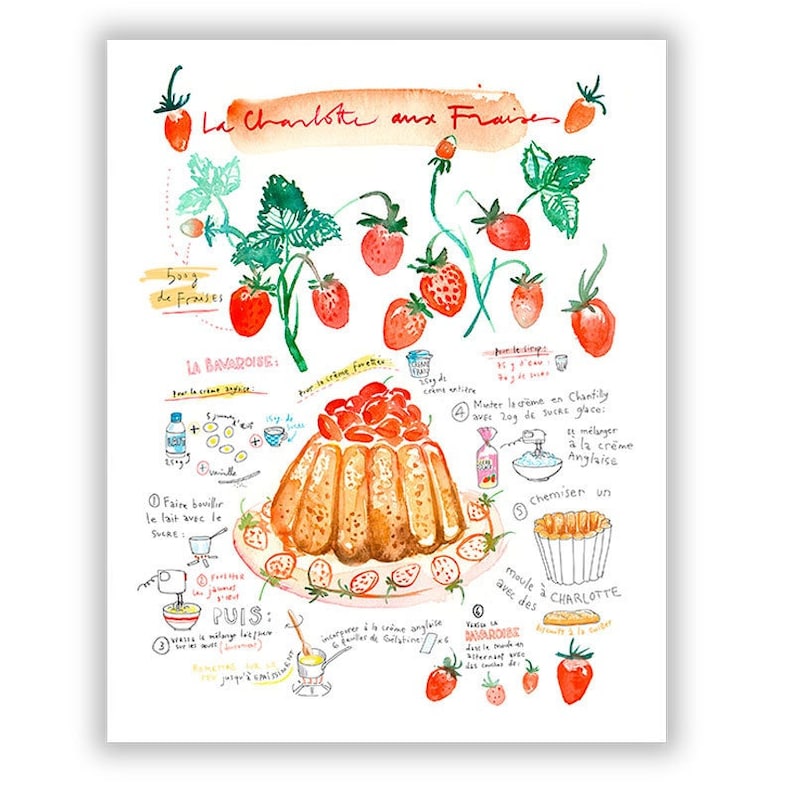 Strawberry shortcake recipe print, French Kitchen decor, Food art, Red home decor, Watercolor recipe art print, Cake painting, Bakery print image 1