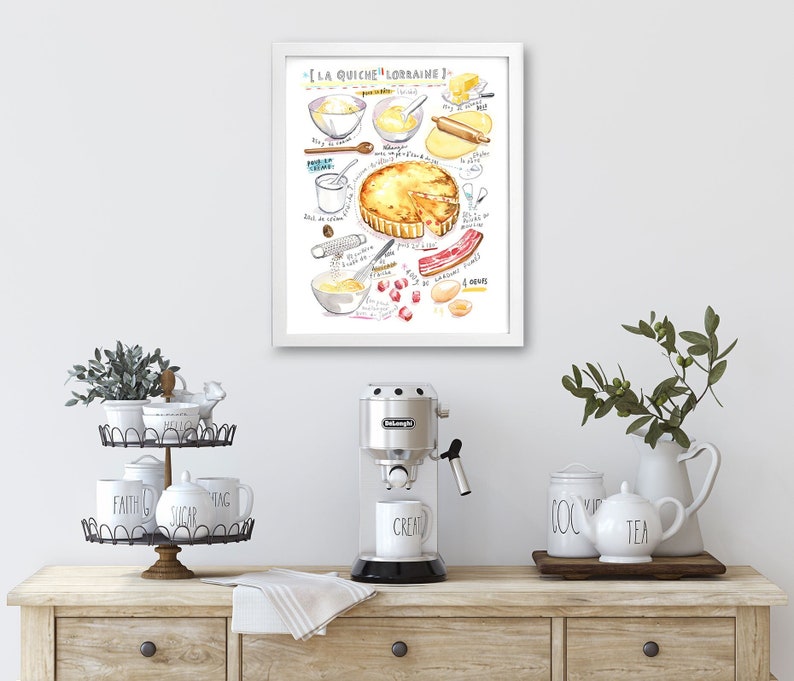 French cuisine poster, Quiche Lorraine recipe print, Watercolor painting, Food artwork, European kitchen wall art, France restaurant decor image 4