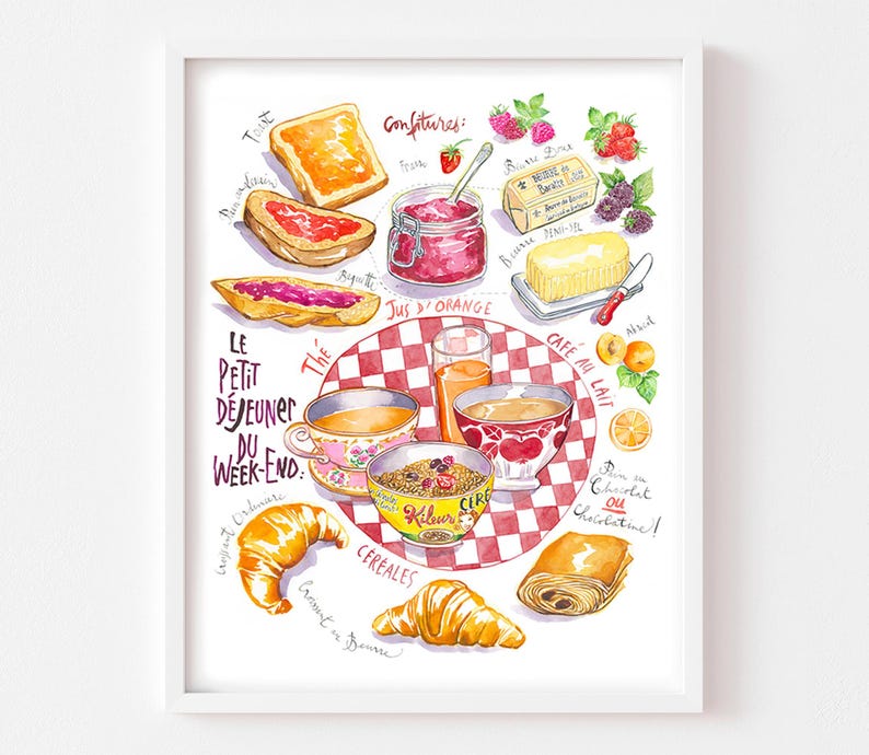 French Breakfast Print: France Kitchen Wall Art, Watercolor Croissant Latte Baguette Paris Home Decor image 1