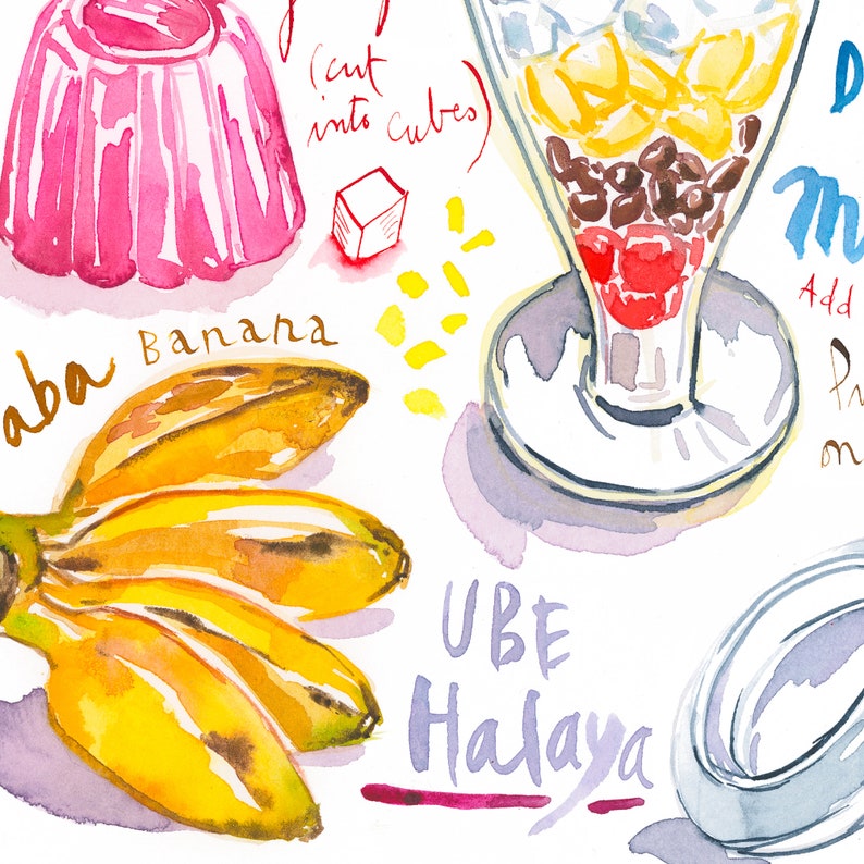 Filipino Halo-Halo recipe print, Colorful kitchen art, Watercolor painting, Asian restaurant decor, Dessert artwork, Indonesia food poster image 5