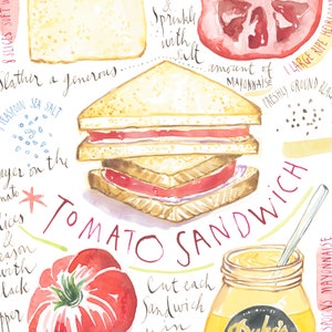 Tomato Sandwich recipe print, Southern food poster, Red kitchen wall art, North Carolina cuisine poster, Watercolor chef gift, Kitchen decor Bild 2