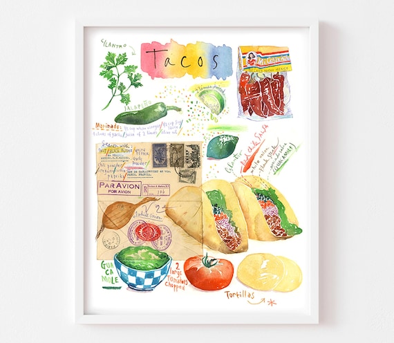 Watercolor Taco Recipe Art Print: Colorful Mexican Kitchen Decor