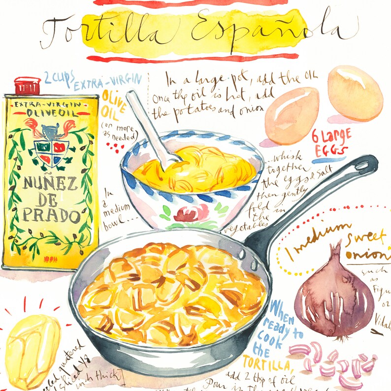 Tortilla Espanola recipe print Watercolor painting Yellow Etsy